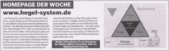 der Artikel in der Hamburger Morgenpost 9/2003 zu Hegel-system.de (JPG, 26 KB)